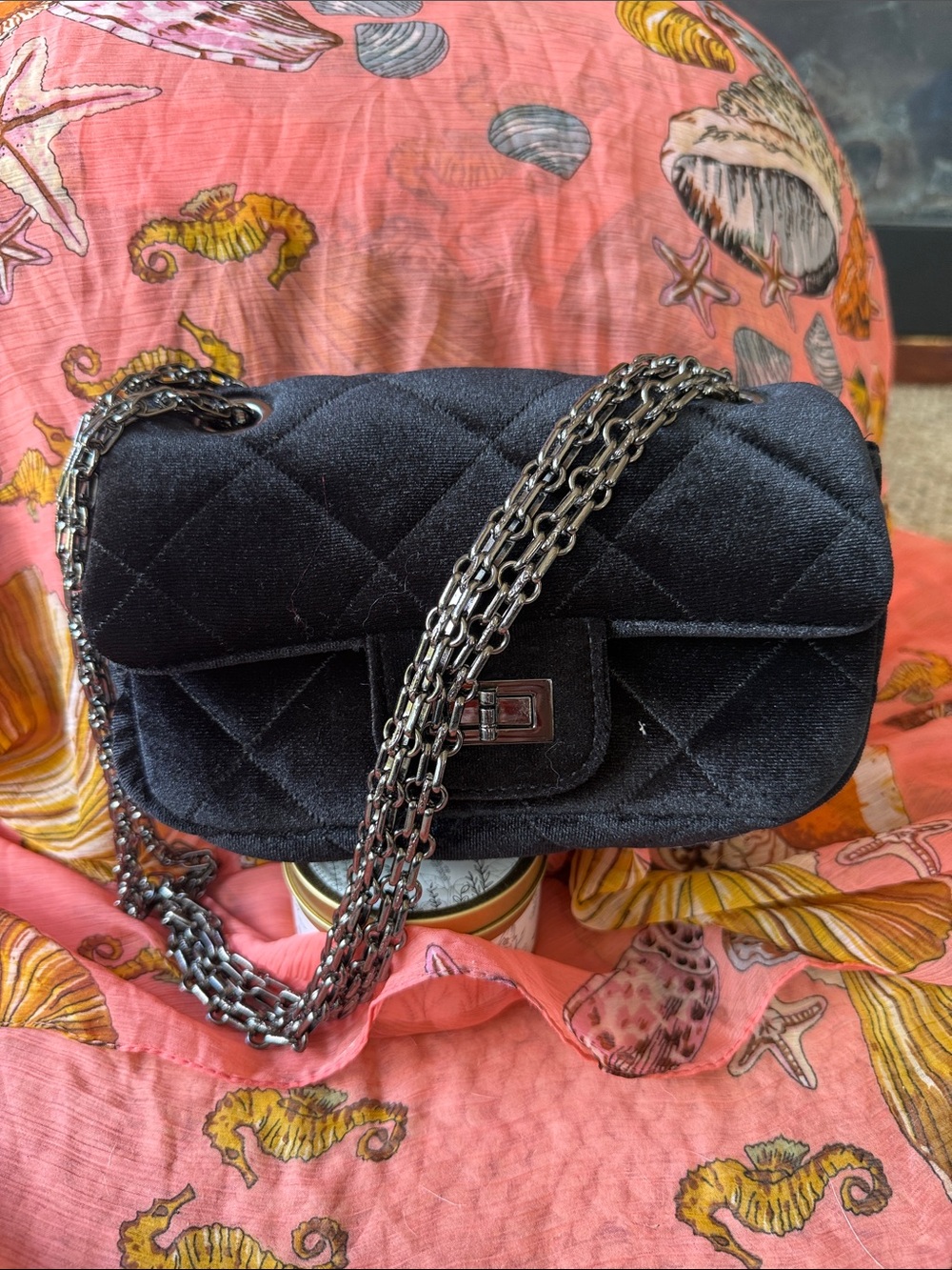 Christian Lacroix Black Quilted Velvet Chain Shoulder Bag with Silver Hardware